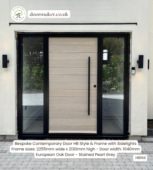 contemporary front door bespoke with sidelights, long black handle - door stained Pearl Grey