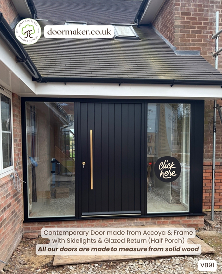 contemporary door and porch made from accoya brass handle