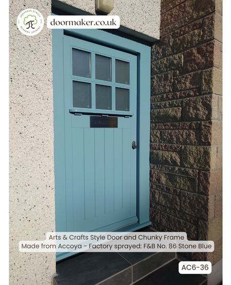 arts and crafts door with 6 panes made from Accoya with wrought iron cylinder pulland letterbox