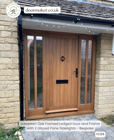 traditional style door and frame with 2 pane glazed side panels made from european oak