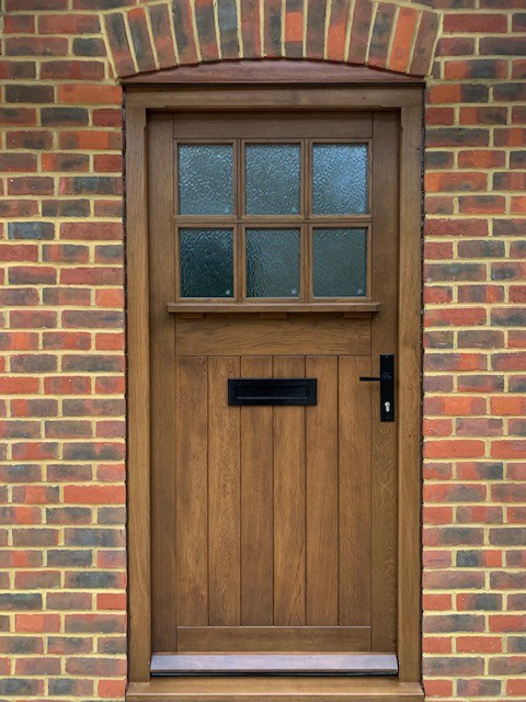 6 pane arts and crafts front door and frame made from european oak
