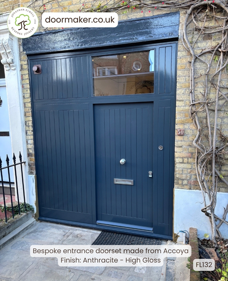 Bespoke entrance doorset comprising framed ledged boarded door and frame with toplight and
matching side panels and top panels - Made from Accoya - Finished Anthracite high gloss 