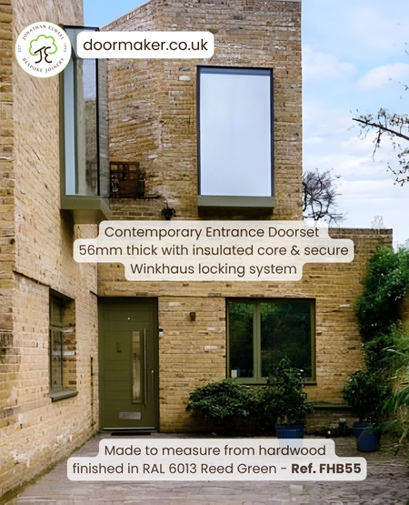 contemporary doorset made for london mews - finished in reed green - hardwood