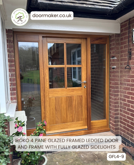 4 pane cottage style door and sidelights made from iroko