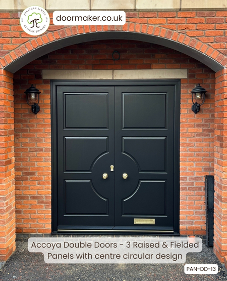 black accoya double doors with circular panel design
