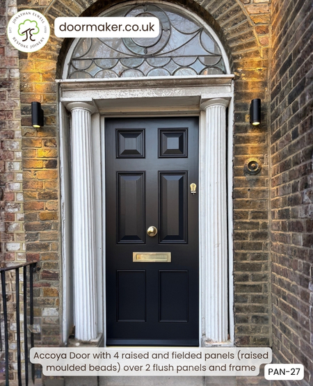 Accoya timber front door in dark finish with four raised upper panels and two flush lower panels