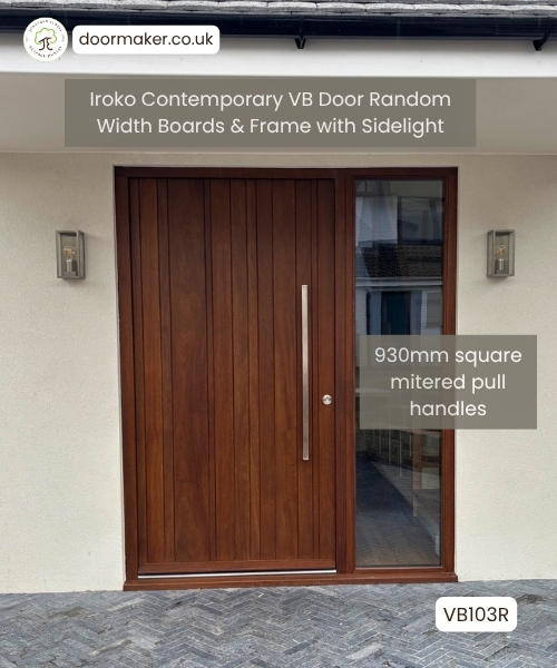 contemporary iroko door with sidelight - door has random width boards