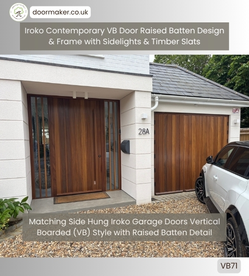 contemporary iroko doors raised batten and matching garage doors