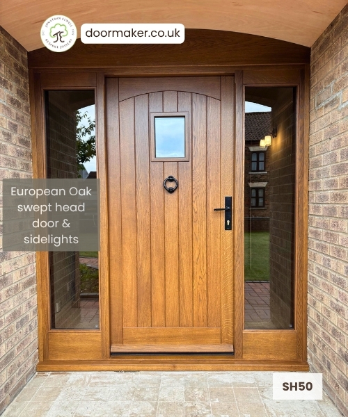 cottage style swept head door with vision light and frame with sidelights with arched header