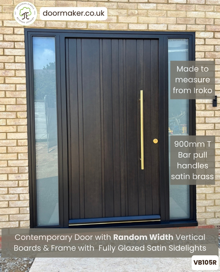 Contemporary Front Door with Vertical Random Width Boards and Frame
with Satin Sidelights – Made from Iroko Ref. VB105R