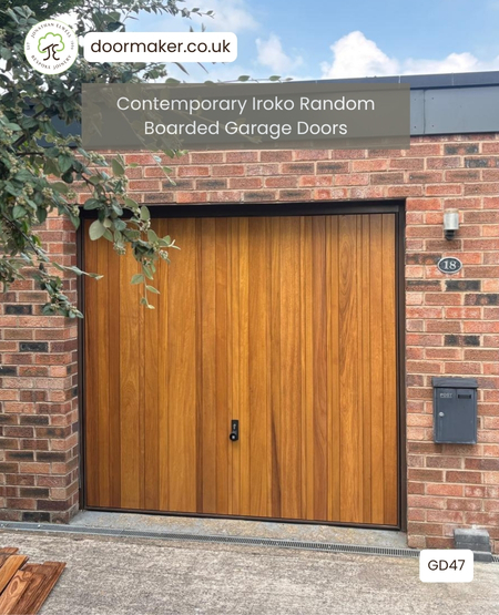 Iroko contemporary garage doors vertical random boards 