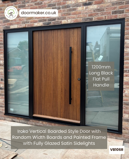 Contemporary Front Door with Vertical Random Width Boards and Frame
with Satin Sidelights – Made from Iroko Ref. VB106R