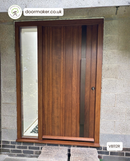 Contemporary Front Door with Vertical Random Width Boards and Frame
with Sidelight (Clear Glass) – Made from Iroko Ref. VB112R