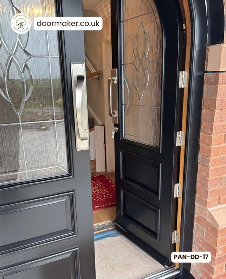 arched double bespoke made from Accoya Teknos finish RAL 9015 Jet Black outside and stained accoya inside, d shaped pull handles satin nickel
