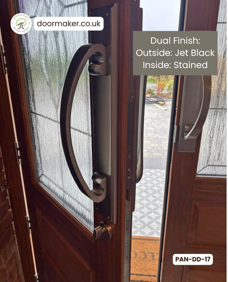 arched double bespoke made from Accoya Teknos finish RAL 9015 Jet Black outside and stained accoya inside, d shaped pull handles satin nickel