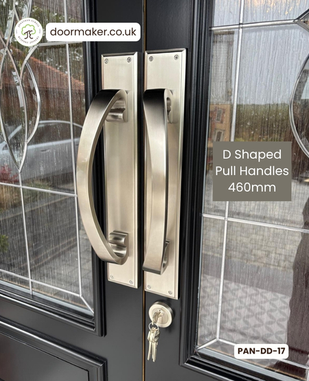 arched double bespoke made from Accoya Teknos finish RAL 9015 Jet Black outside and stained accoya inside, d shaped pull handles satin nickel