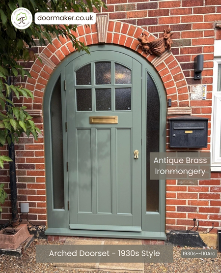 Arched Doorset 1930s Front Door with 6 Panes Over 3 Flush Panels & Frame 
with Sidelights Ref. 1930s-110
Frame Sizes: 1410mm wide x 2172mm high - Door width: 870mm
Teknos factory finish: F&B No. 318 Douter
Glass: Contora
Ironmongery: Antique Brass