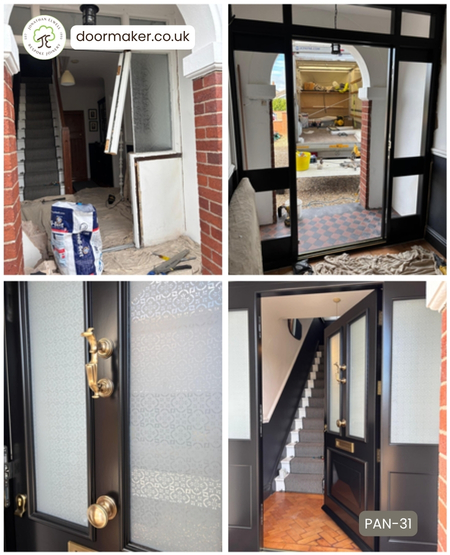 Bespoke Accoya Victorian Style Door - 2 Glazed Panes over 1 Panel with Cricketbat Detail
and Frame with Matching Side Panels & Top Lights Ref. PAN-31
Frame Sizes: 1940mm wide x 2420mm high  Door Sizes: 950mm wide x 2000mm high 
Teknos Factory Painted: RAL9005 Jet Black - Ironmongery: Antique Brass
Glass: Pilkington Oriel Canterbury Opal Double Sided Etch