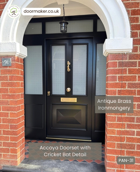 victorian entrance door 2 glazed opaque panes over 1 timber panel with cricket bat detail