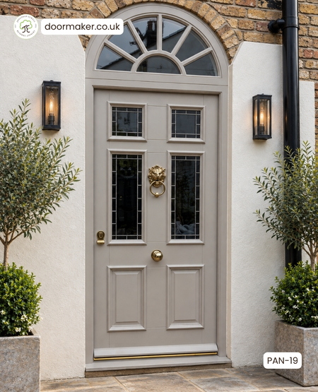 Bespoke Entrance Doorset made from Accoya – 4 decorative glass panes over 2 wooden
panels and frame with Arched Fanlight/Toplight Ref. PAN-19
Frame Sizes: 982mm wide x 2614mm high
Door Sizes: 874mm wide x 2024mm high
Factory Painted: Coat Paints – Sunday Soul
Glass: 24mm planitherm – Regalead – Polished Brass