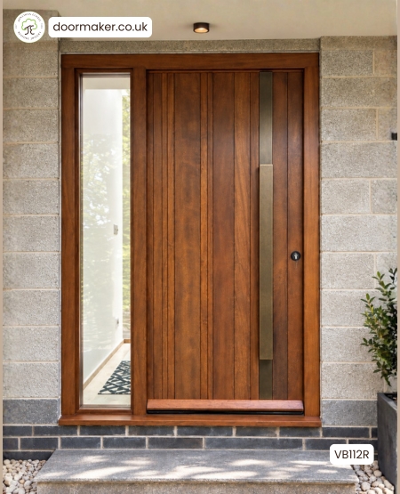 Contemporary Front Door with Vertical Random Width Boards and Frame
with Sidelight (Clear Glass) – Made from Iroko Ref. VB112R
Frame Sizes: 1480mm wide x 2090mm high – Door width: 950mm
Long flat full length pull handle outside - lever on rose handle inside Bronze finish