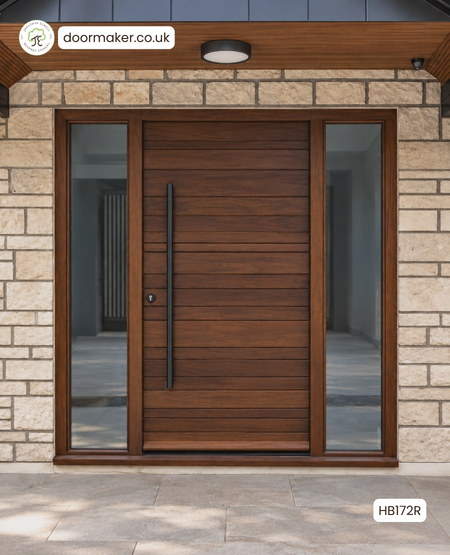 contemporary style door made from Iroko with glazed side lights. Random depth horizontal boards