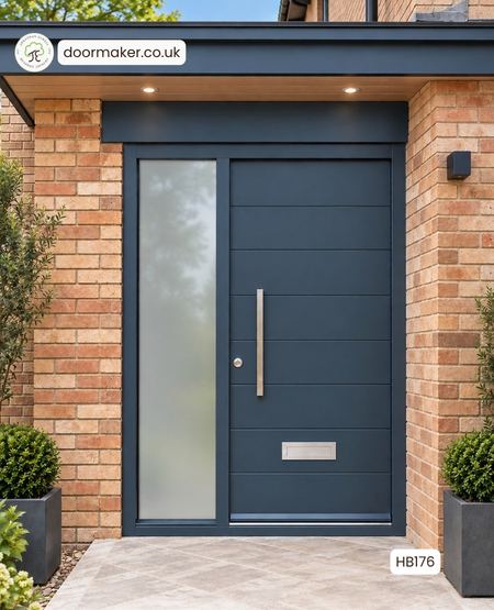 Accoya Contemporary Front Door HB Style with 8 Boards and Sapele Frame
with Sandblast Sidelight Ref. HB176
Frame sizes: 1550mm wide x 2260mm high - Door width: 914mm
Stainless steel 600mm FLAT pull handles
Colour: RAL7016 Anthracite Grey