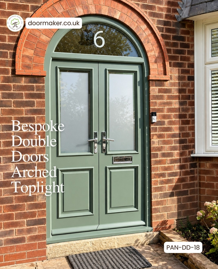 Bespoke Accoya Double Doors & Sapele Frame with Arched Toplight Ref. PAN-DD-18
Doors feature 1 Glazed Sandblast Pane over 1 Flush Panel with Raised Moulded beads
Frame Sizes: 1285mm wide x 2527mm high – Doors height: 1980mm high
Teknos factory finished: F&B No. 318 Douter
Ironmongery: Polished Chrome