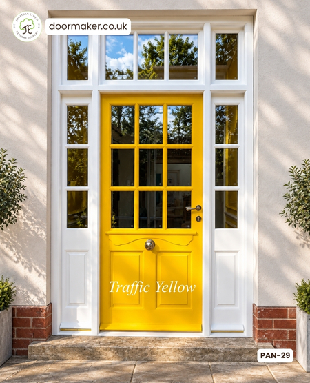yellow victorian door and frame with side panels and toplights 