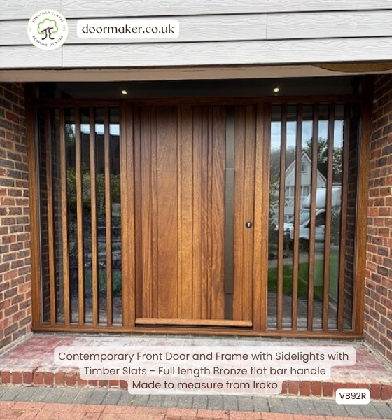 contemporary entrance door made from iroko with sidelights