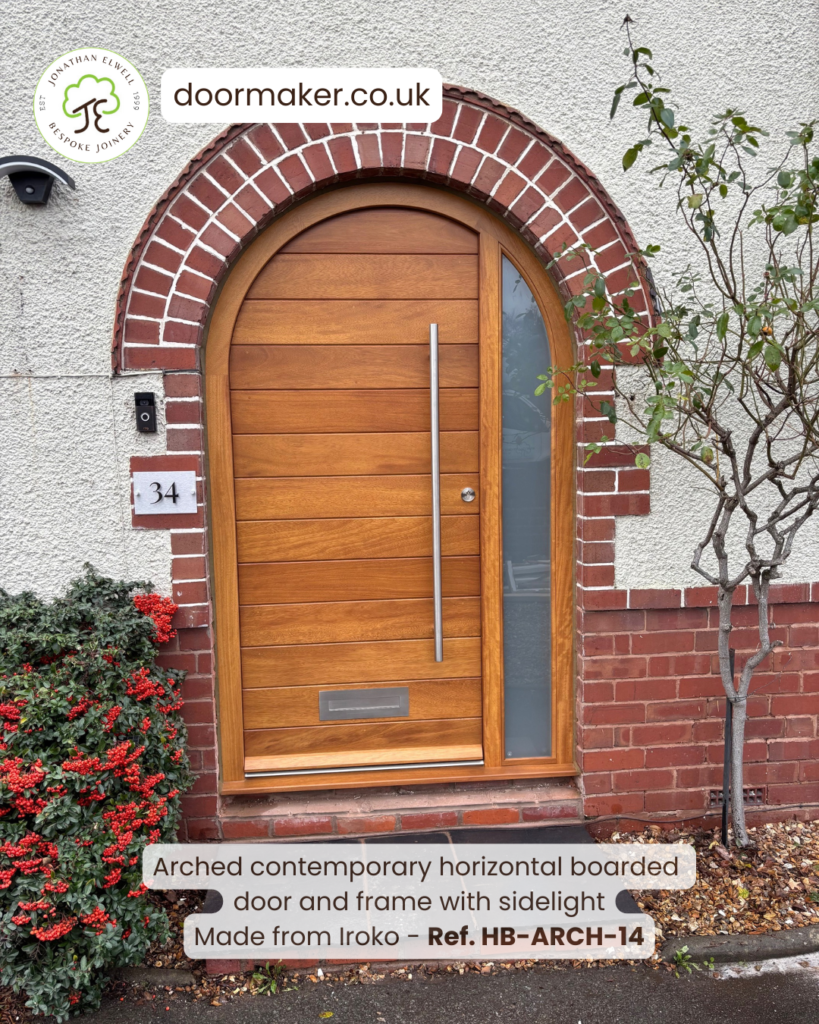 arched contemporary door and frame with sidelight made from iroko