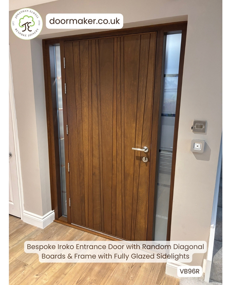 contemporary front door made from iroko with random diagonal boards