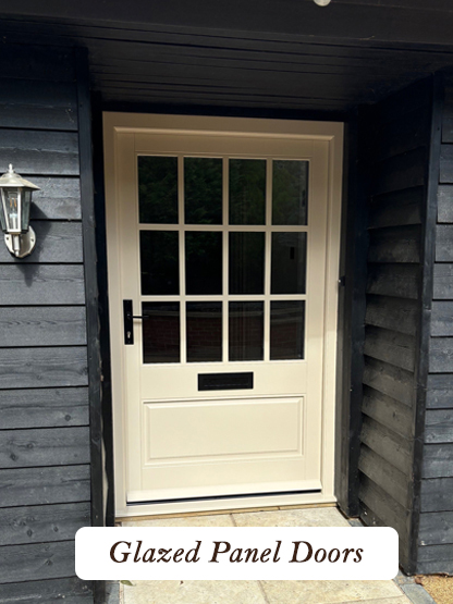 multiple glass panes over wooden panel doors made to measure