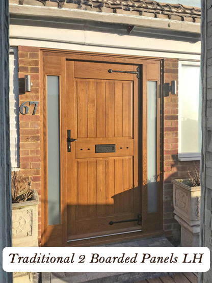traditional oak door with 2 tongue and groove panels and sidelights