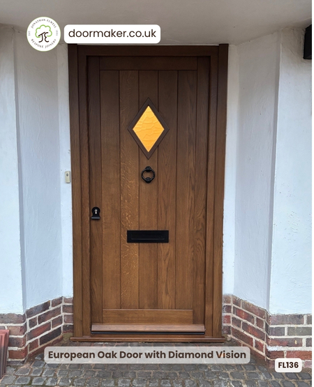 oak cottage door with diamond vision panel flemish glass