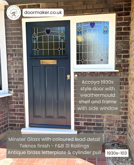 1930s front door with decorative heart glass and side window Farrow and Ball Railings