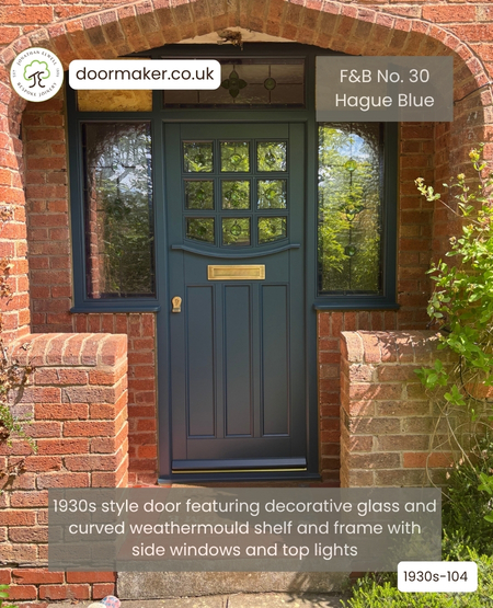 1930s front door with decorative glass over 3 flush panels, curved weathermould shelf and frame with side windows and toplights Ref. 1930s-104