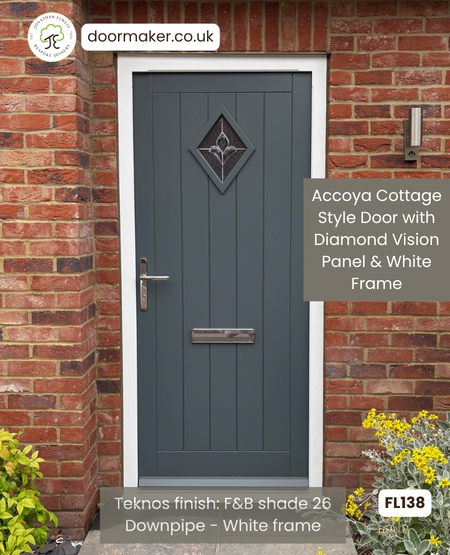 cottage door with diamond vision lead glass finished in Downpipe