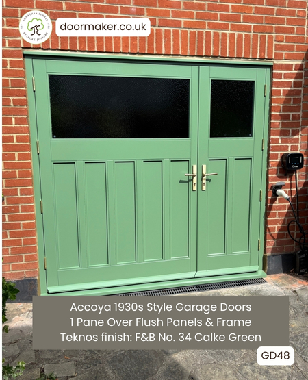 Bespoke Double Garage Doors 1 Pane over Flush Panels Ref. GD48
Doors 56mm thick single boarded Sizes: 2250mm wide x 2180mm high 
Ironmongery: Satin Brass - Factory Teknos painted F&B No. 34 Calke Green