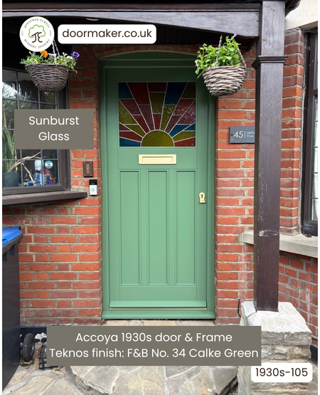 1930s front door with sunburst decorative glass finished in Calke Green