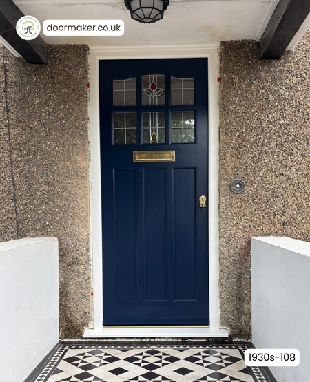 1930s Front Door 6 Pane Over 3 Flush Panels with Shaped Head factory painted RAL 5011 Steel Blue