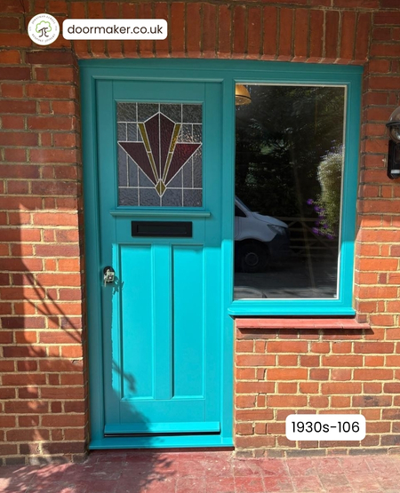 1930s front door with art deco glass over 2 flush panels with side window. Finished in F&B No. 288 Vardo