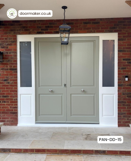 bespoke double doors with 2 raised and fielded panels and frame with side panels - finished in Farrow and Ball French Gray
