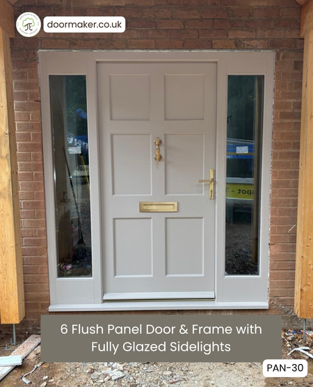 6 Flush Panel Door & Frame with Fully Glazed Sidelights 
Made from Hardwood Ref. PAN-30
Frame Sizes: 1870mm wide x 2115mm high - Door width: 1000mm
Teknos Factory Painted: Farrow & Ball shade - Ironmongery: Satin Brass