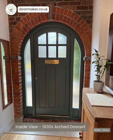 Arched Doorset 1930s Front Door with 6 Panes Over 3 Flush Panels & Frame 
with Sidelights Ref. 1930s-110
Frame Sizes: 1410mm wide x 2172mm high - Door width: 870mm
Teknos factory finish: F&B No. 318 Douter
Glass: Contora
Ironmongery: Antique Brass