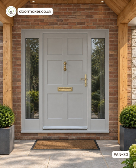 6 Flush Panel Door & Frame with Fully Glazed Sidelights
Made from Hardwood Ref. PAN-30
Frame Sizes: 1870mm wide x 2115mm high - Door width: 1000mm
Teknos Factory Painted: Farrow & Ball shade
Ironmongery: Satin Brass