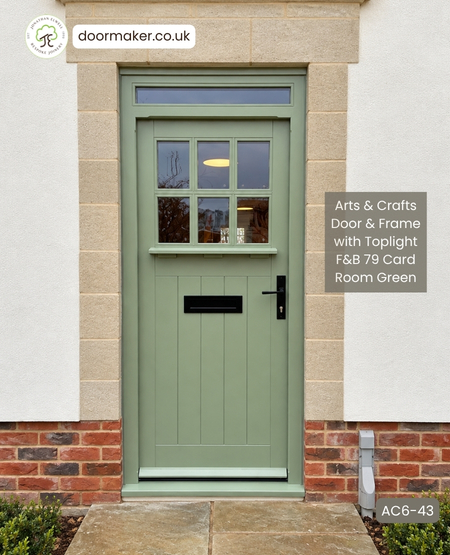 Arts and Crafts Style door 6 Panes with weathermould shelf and frame Ref. AC6-43
Frame Sizes: 940mm wide x 2220mm high 
Made from Hardwood - Teknos finish F&B 79 Card Room Green