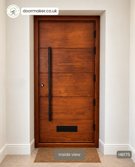 Accoya Contemporary Front Door HB Style with 5 Boards and Frame Ref. HB175
Frame Sizes: 985mm wide x 2120mm high 
Ironmongery: 1200mm long black pull handles 
Finish: Factory stained NE01 
