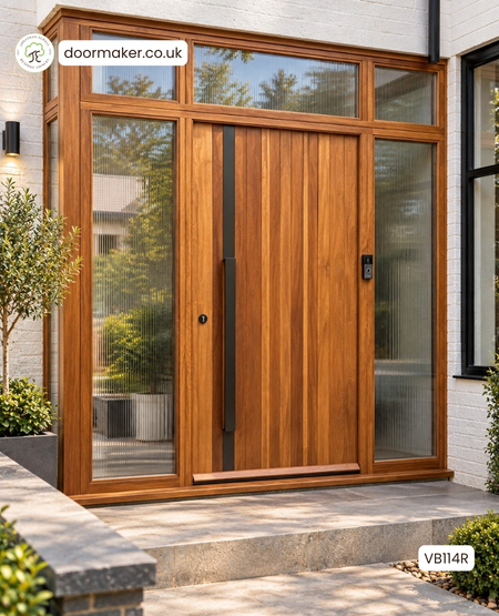 Contemporary Iroko Front Door with Vertical Random Width Boards and Frame
with Sidelights (Reeded Glass) with Matching Return to Create a Porch Ref. VB114R
Overall sizes - 2620mm wide x 535mm deep x 2765mm high
Door sizes: 1100mm wide x 2200mm high
Long flat full length pull handle outside - lever on rose handle inside 