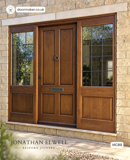 Victorian 4 Panel Door & Frame with Matching Glazed Sidelights
with Clear Square Lead Ref. VIC89
Timber: European Oak - Stained finish
Frame Sizes: 2600mm wide x 2400mm high - Door width: 1000mm
Ironmongery: Pewter
Glass: Clear Square Lead